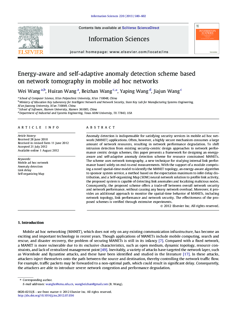 Energy-aware and self-adaptive anomaly detection scheme based on network tomography in mobile ad hoc networks