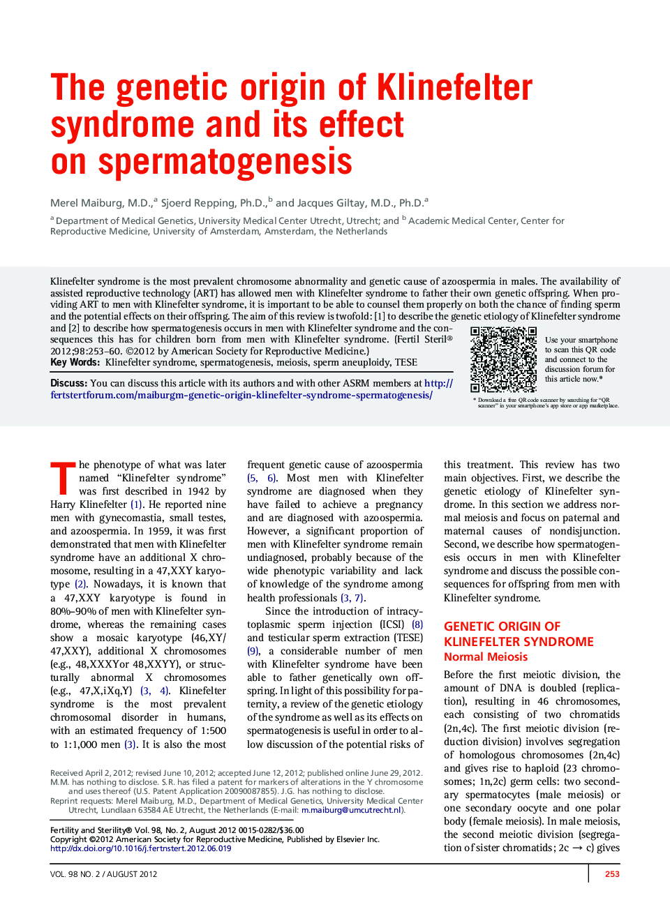 The genetic origin of Klinefelter syndrome and its effect on spermatogenesis 