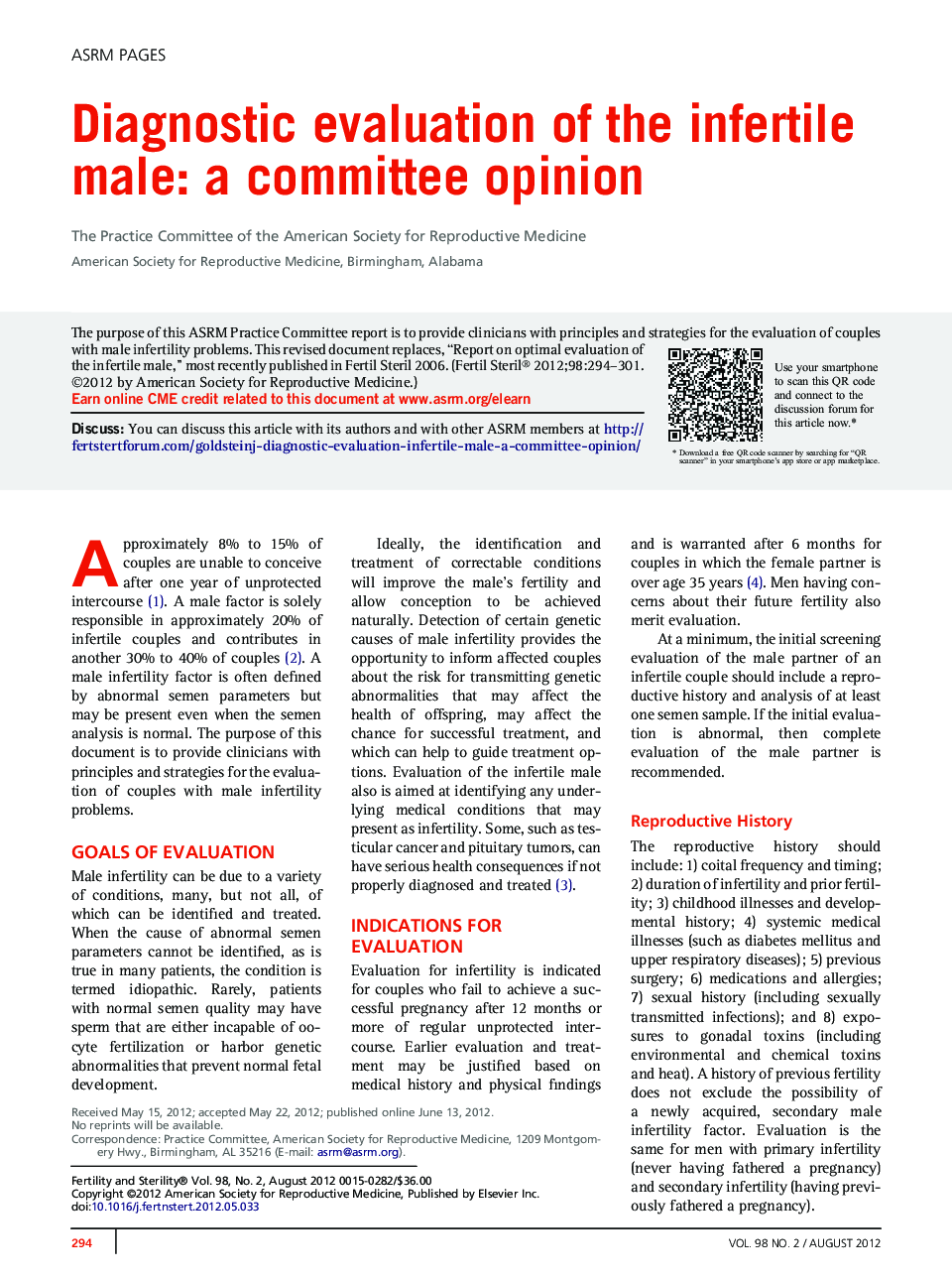 Diagnostic evaluation of the infertile male: a committee opinion 