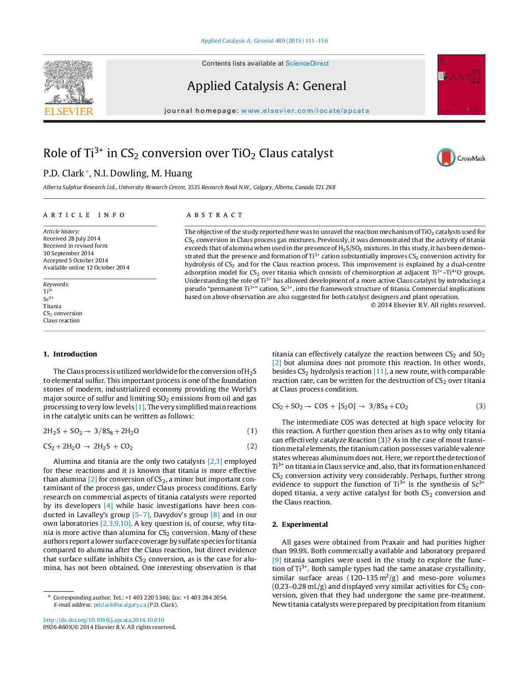 Role of Ti3+ in CS2 conversion over TiO2 Claus catalyst