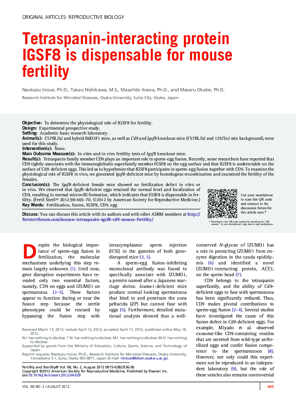 Tetraspanin-interacting protein IGSF8 is dispensable for mouse fertility 