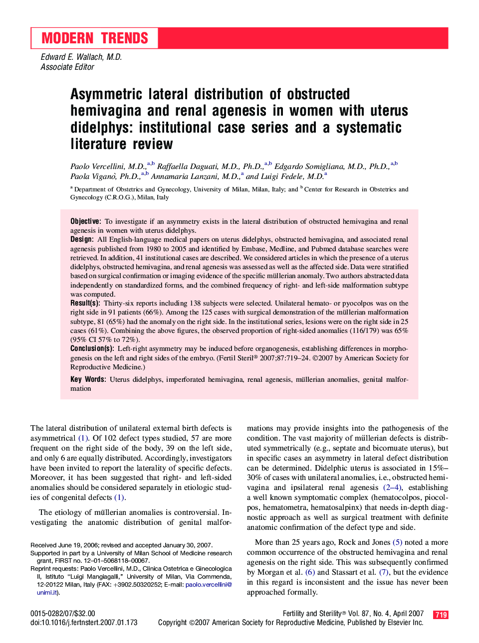 Asymmetric lateral distribution of obstructed hemivagina and renal agenesis in women with uterus didelphys: institutional case series and a systematic literature review 