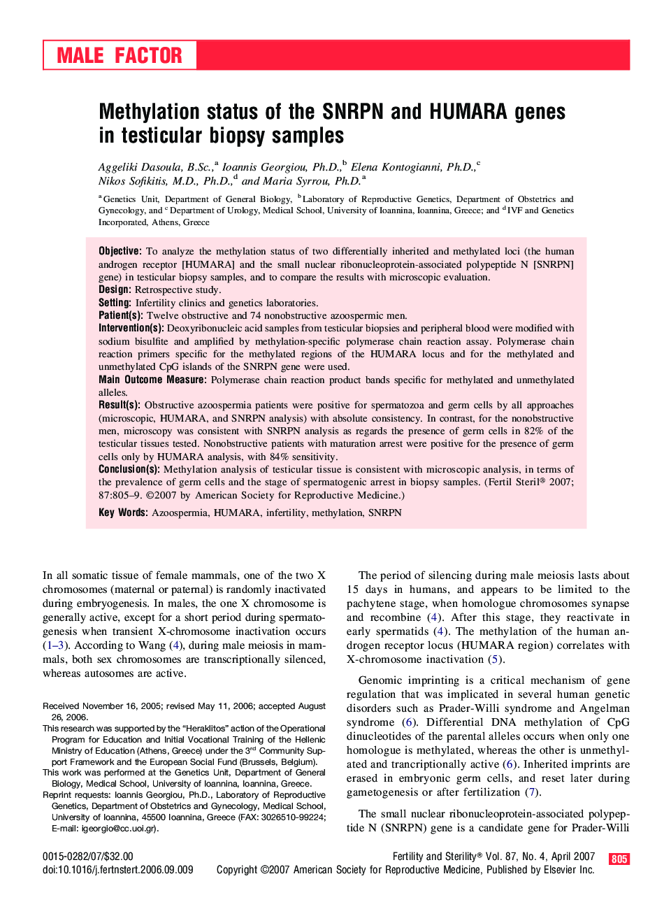 Methylation status of the SNRPN and HUMARA genes in testicular biopsy samples 