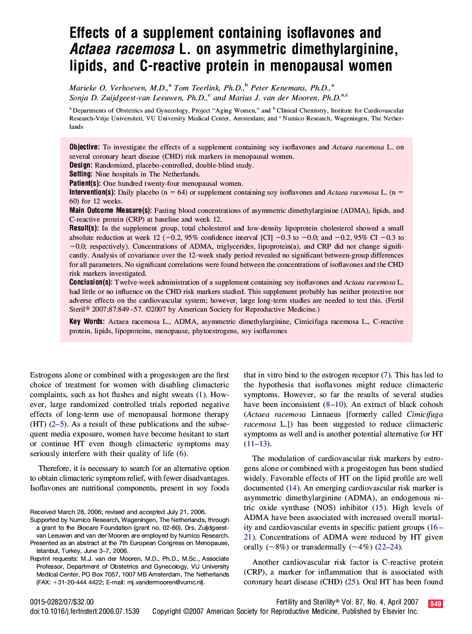 Effects of a supplement containing isoflavones and Actaea racemosa L. on asymmetric dimethylarginine, lipids, and C-reactive protein in menopausal women 