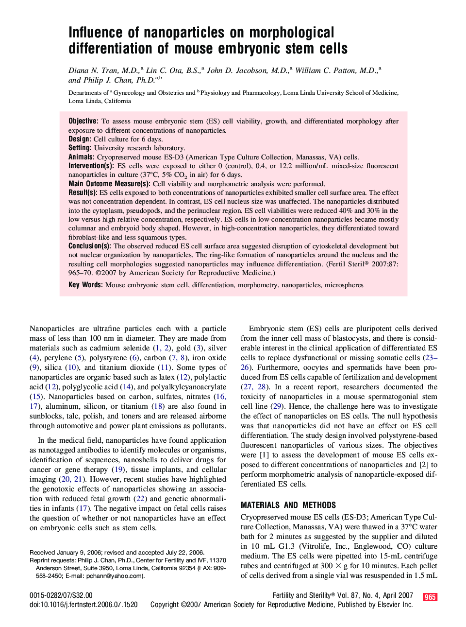 Influence of nanoparticles on morphological differentiation of mouse embryonic stem cells