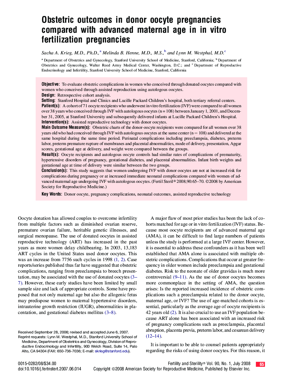 Obstetric outcomes in donor oocyte pregnancies compared with advanced maternal age in in vitro fertilization pregnancies