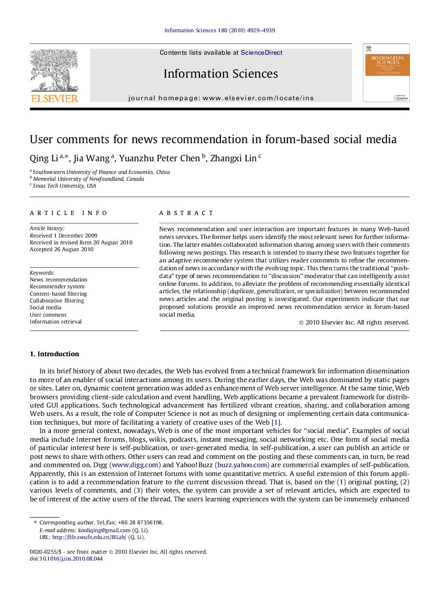 User comments for news recommendation in forum-based social media