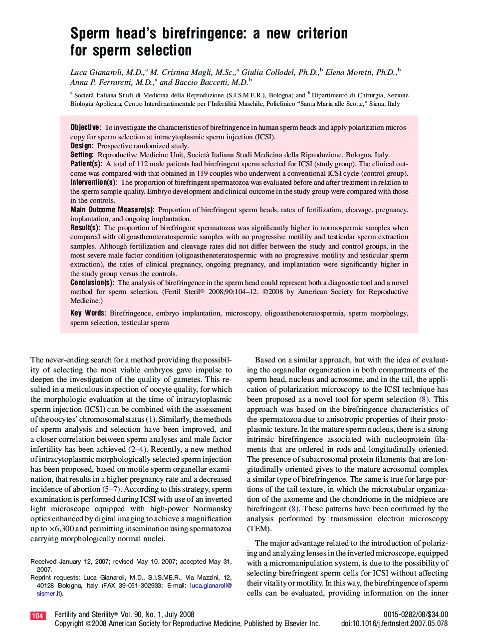 Sperm head's birefringence: a new criterion for sperm selection