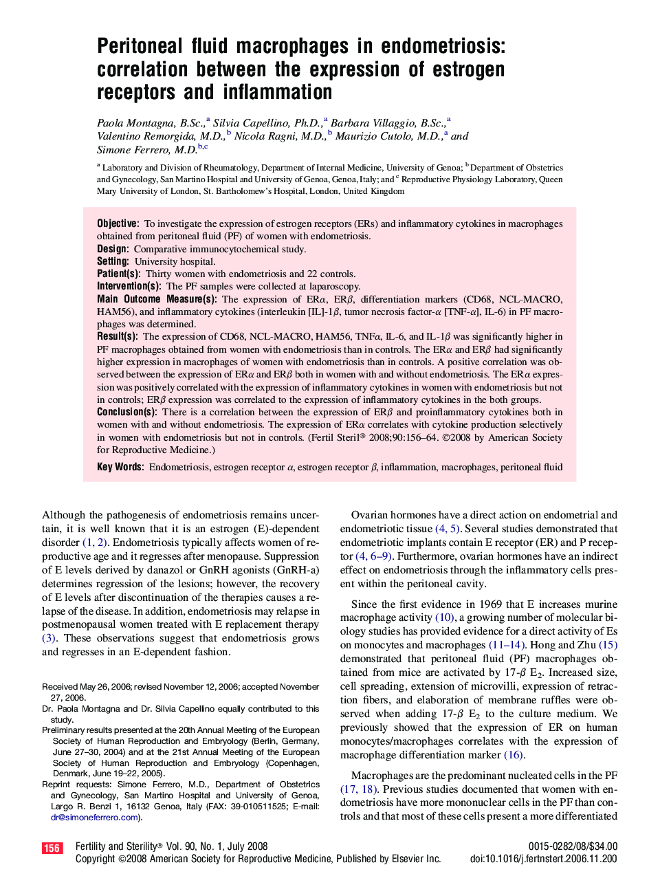 Peritoneal fluid macrophages in endometriosis: correlation between the expression of estrogen receptors and inflammation 