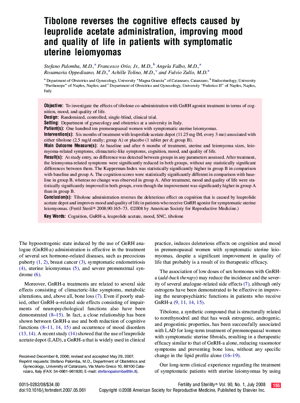 Tibolone reverses the cognitive effects caused by leuprolide acetate administration, improving mood and quality of life in patients with symptomatic uterine leiomyomas