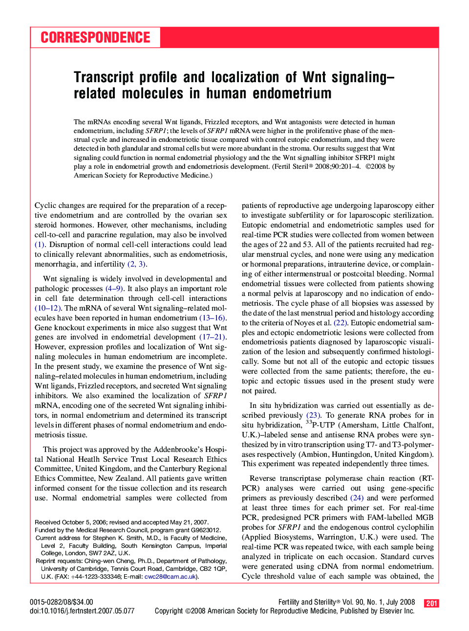 Transcript profile and localization of Wnt signaling–related molecules in human endometrium 