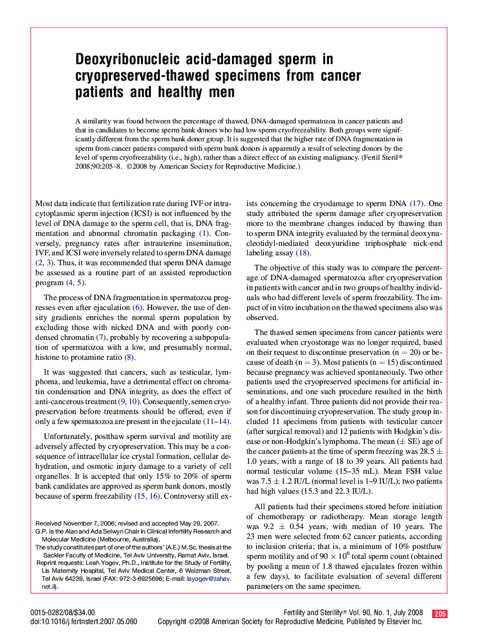 Deoxyribonucleic acid-damaged sperm in cryopreserved-thawed specimens from cancer patients and healthy men 