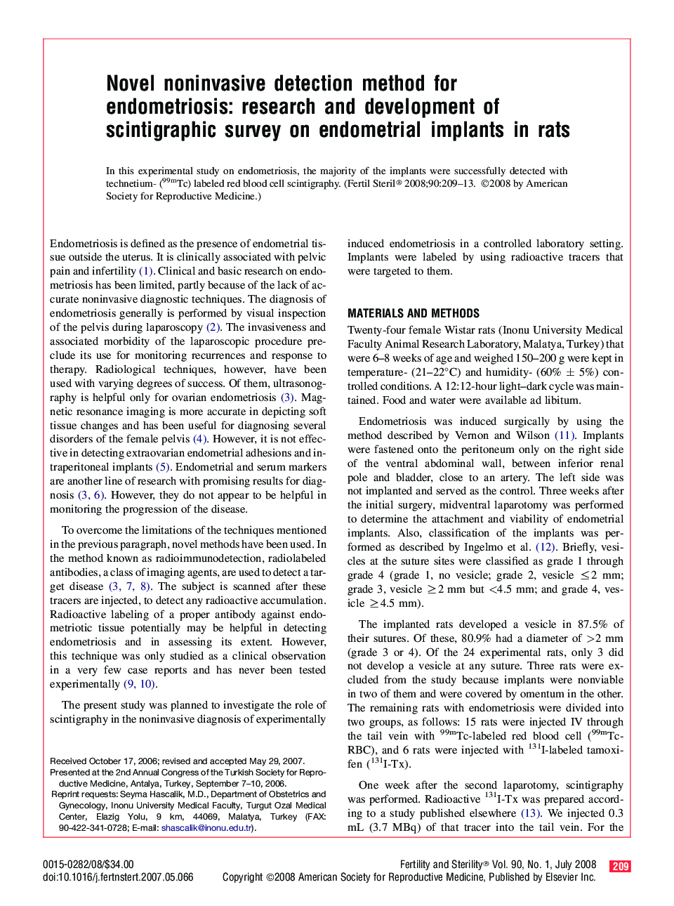 Novel noninvasive detection method for endometriosis: research and development of scintigraphic survey on endometrial implants in rats 