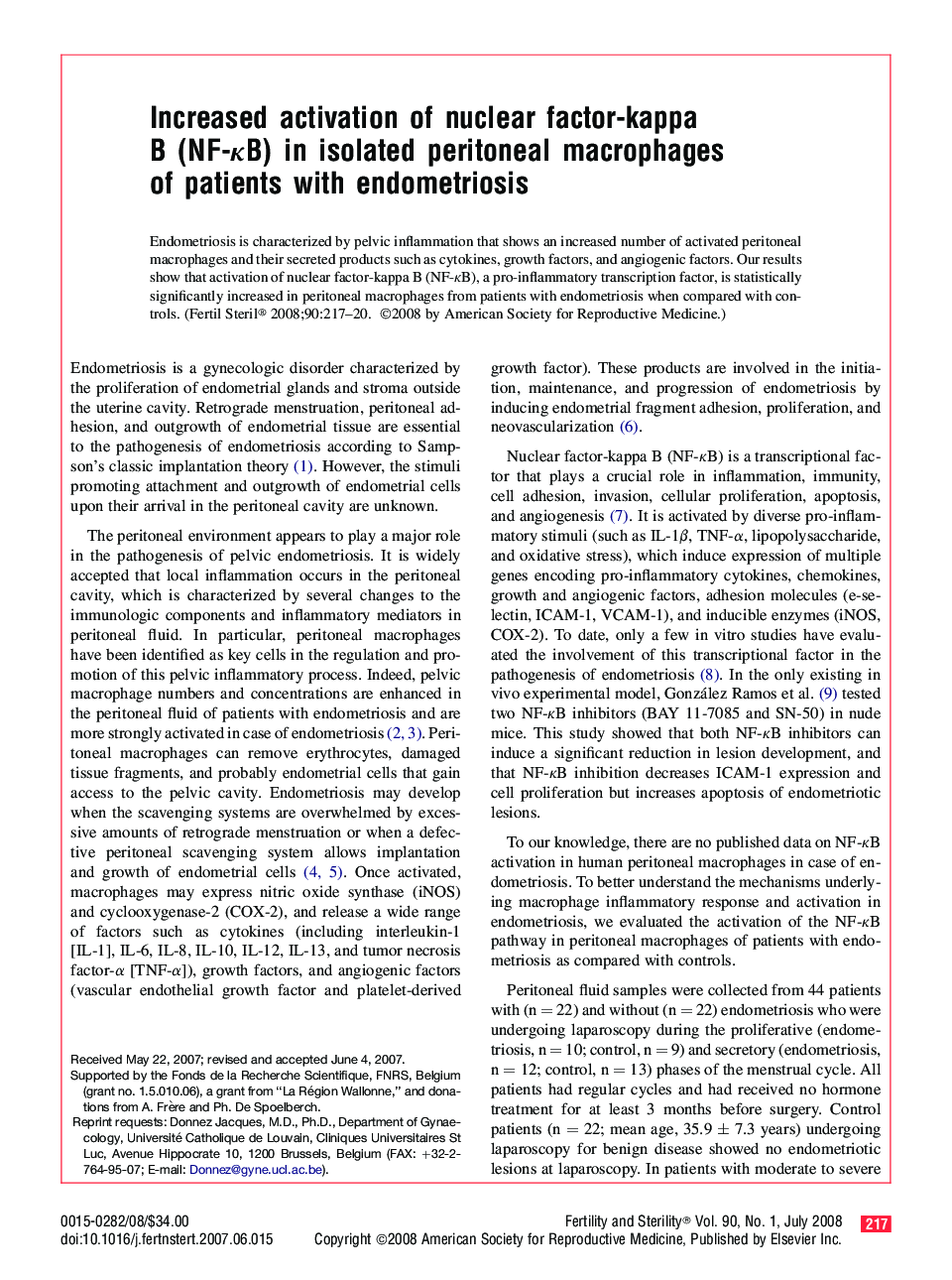 Increased activation of nuclear factor-kappa B (NF-κB) in isolated peritoneal macrophages of patients with endometriosis 
