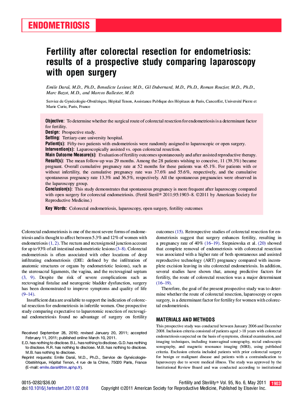 Fertility after colorectal resection for endometriosis: results of a prospective study comparing laparoscopy with open surgery 