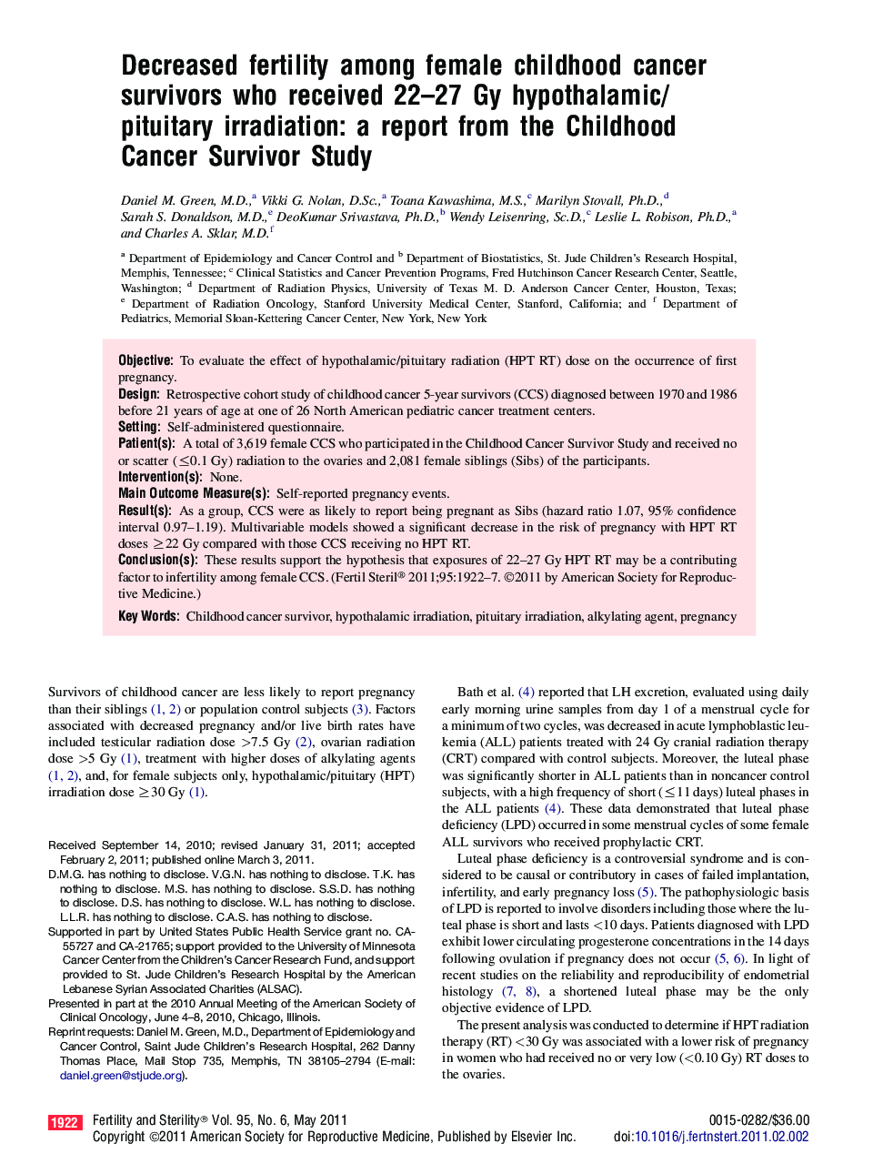 Decreased fertility among female childhood cancer survivors who received 22-27 Gy hypothalamic/pituitary irradiation: a report from the Childhood Cancer Survivor Study