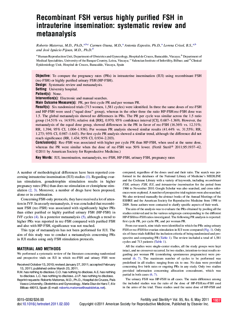 Recombinant FSH versus highly purified FSH in intrauterine insemination: systematic review and metaanalysis