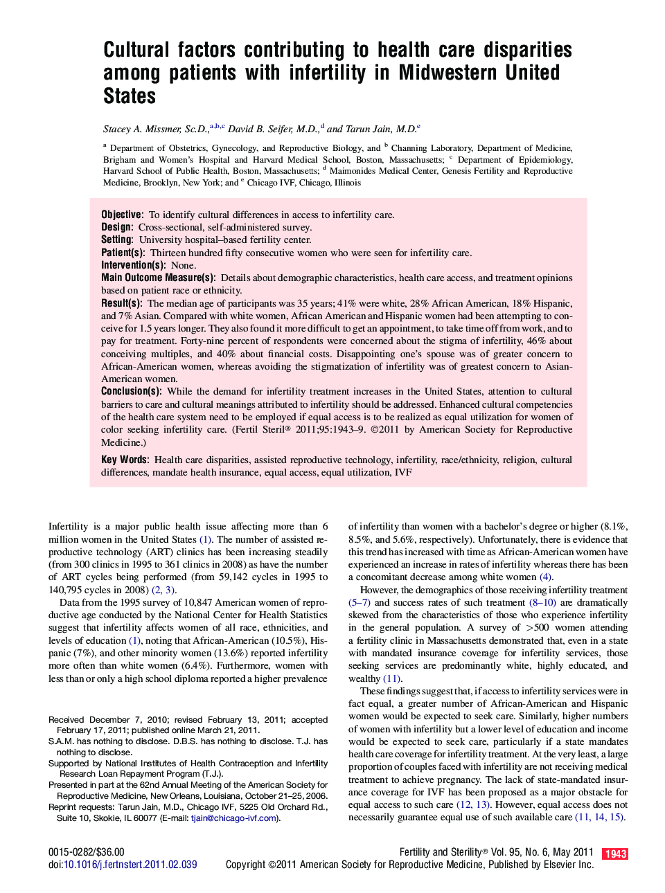 Cultural factors contributing to health care disparities among patients with infertility in Midwestern United States 