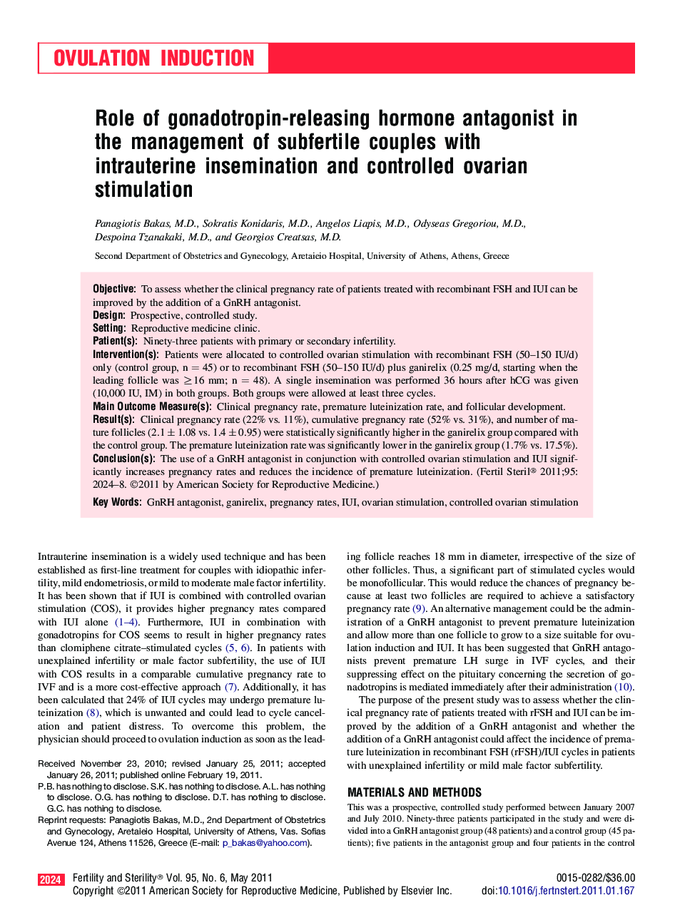 Role of gonadotropin-releasing hormone antagonist in the management of subfertile couples with intrauterine insemination and controlled ovarian stimulation 