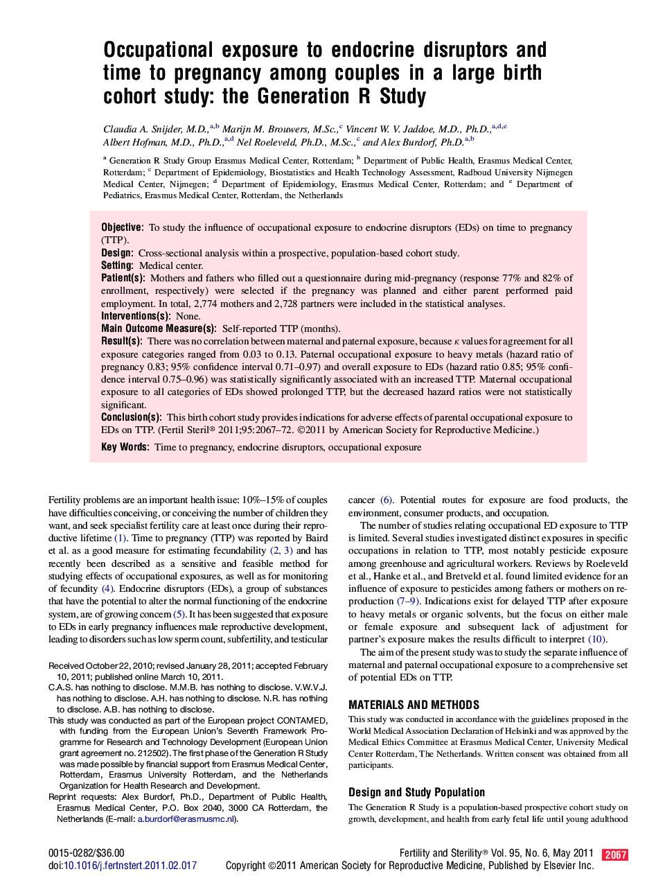 Occupational exposure to endocrine disruptors and time to pregnancy among couples in a large birth cohort study: the Generation R Study 