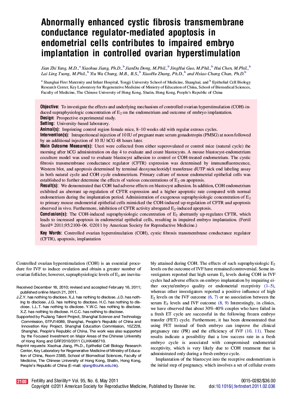 Abnormally enhanced cystic fibrosis transmembrane conductance regulator-mediated apoptosis in endometrial cells contributes to impaired embryo implantation in controlled ovarian hyperstimulation