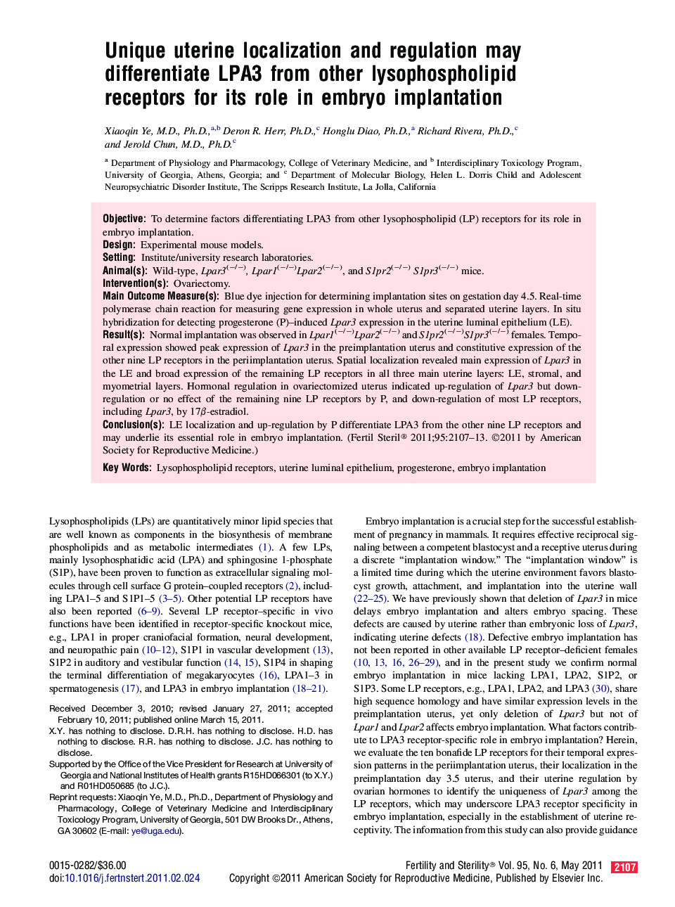 Unique uterine localization and regulation may differentiate LPA3 from other lysophospholipid receptors for its role in embryo implantation