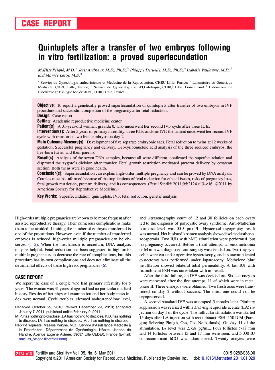 Quintuplets after a transfer of two embryos following in vitro fertilization: a proved superfecundation