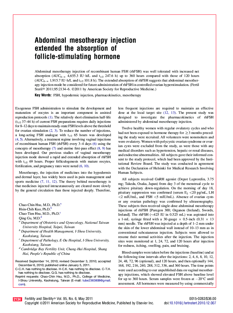 Abdominal mesotherapy injection extended the absorption of follicle-stimulating hormone