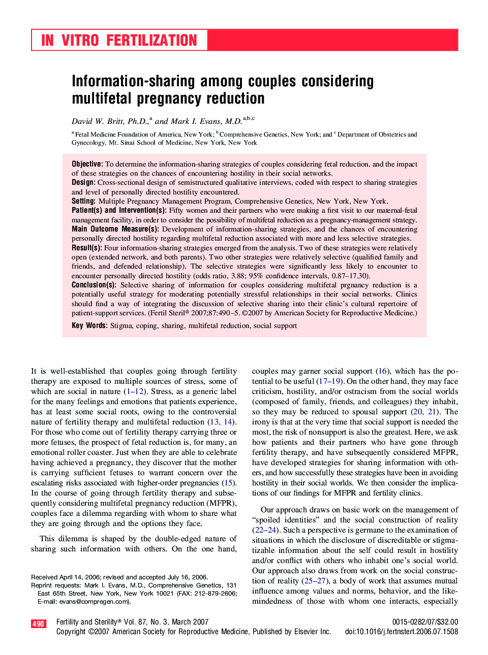 Information-sharing among couples considering multifetal pregnancy reduction