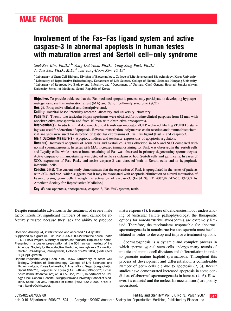 Involvement of the Fas–Fas ligand system and active caspase-3 in abnormal apoptosis in human testes with maturation arrest and Sertoli cell–only syndrome 