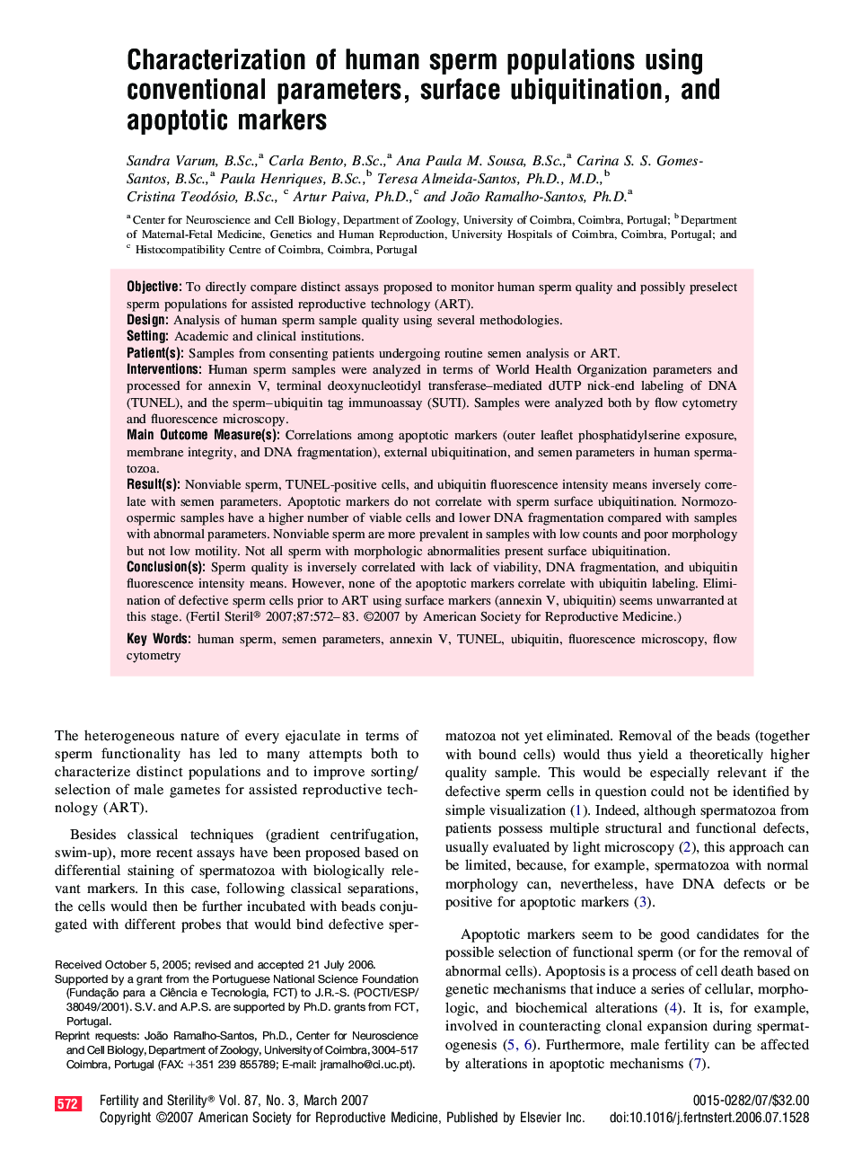 Characterization of human sperm populations using conventional parameters, surface ubiquitination, and apoptotic markers 