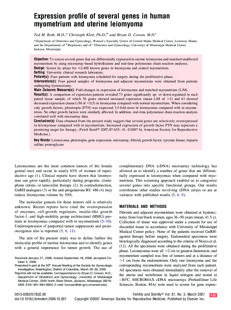 Expression profile of several genes in human myometrium and uterine leiomyoma