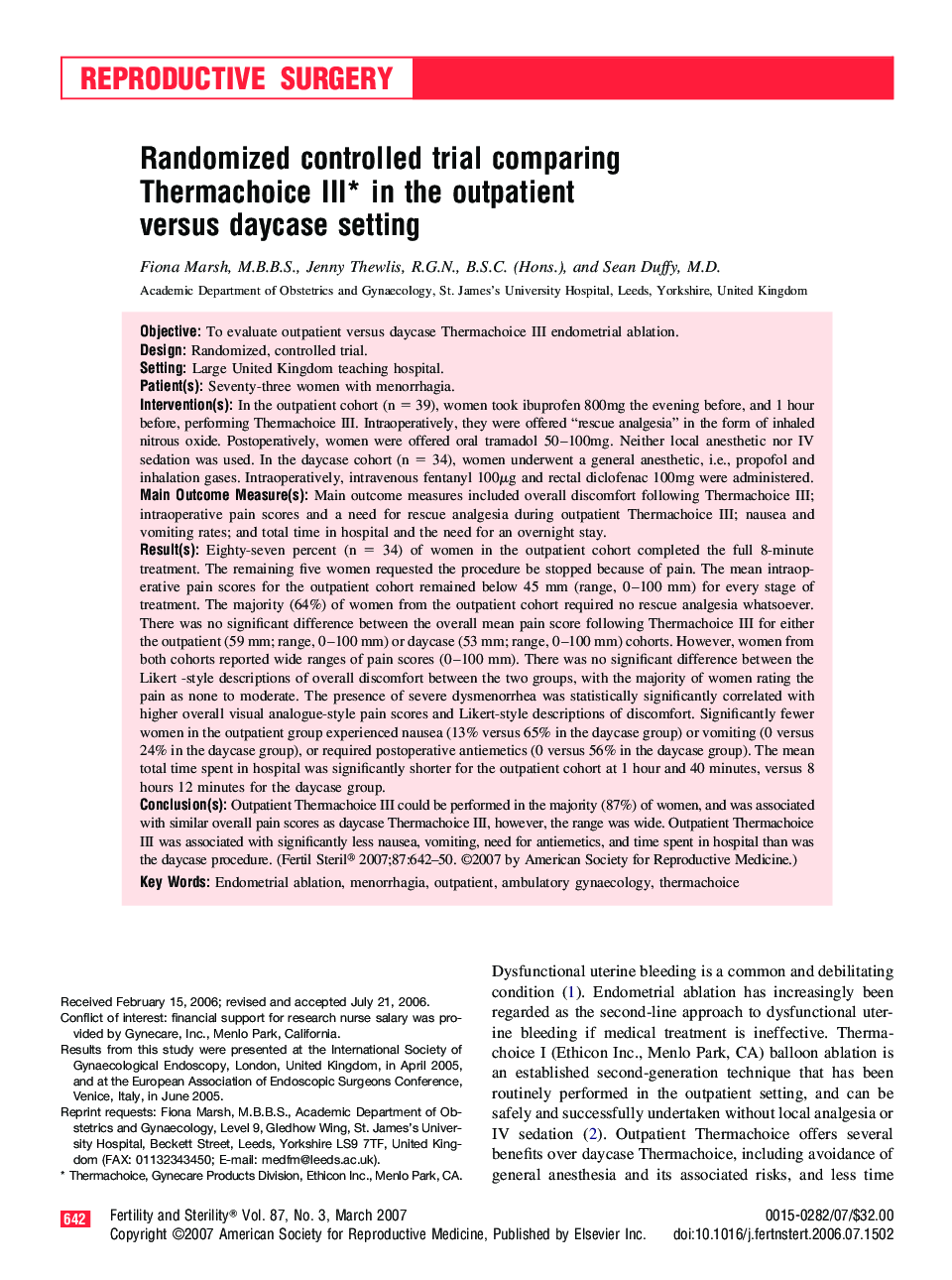 Randomized controlled trial comparing Thermachoice III* in the outpatient versus daycase setting ⁎