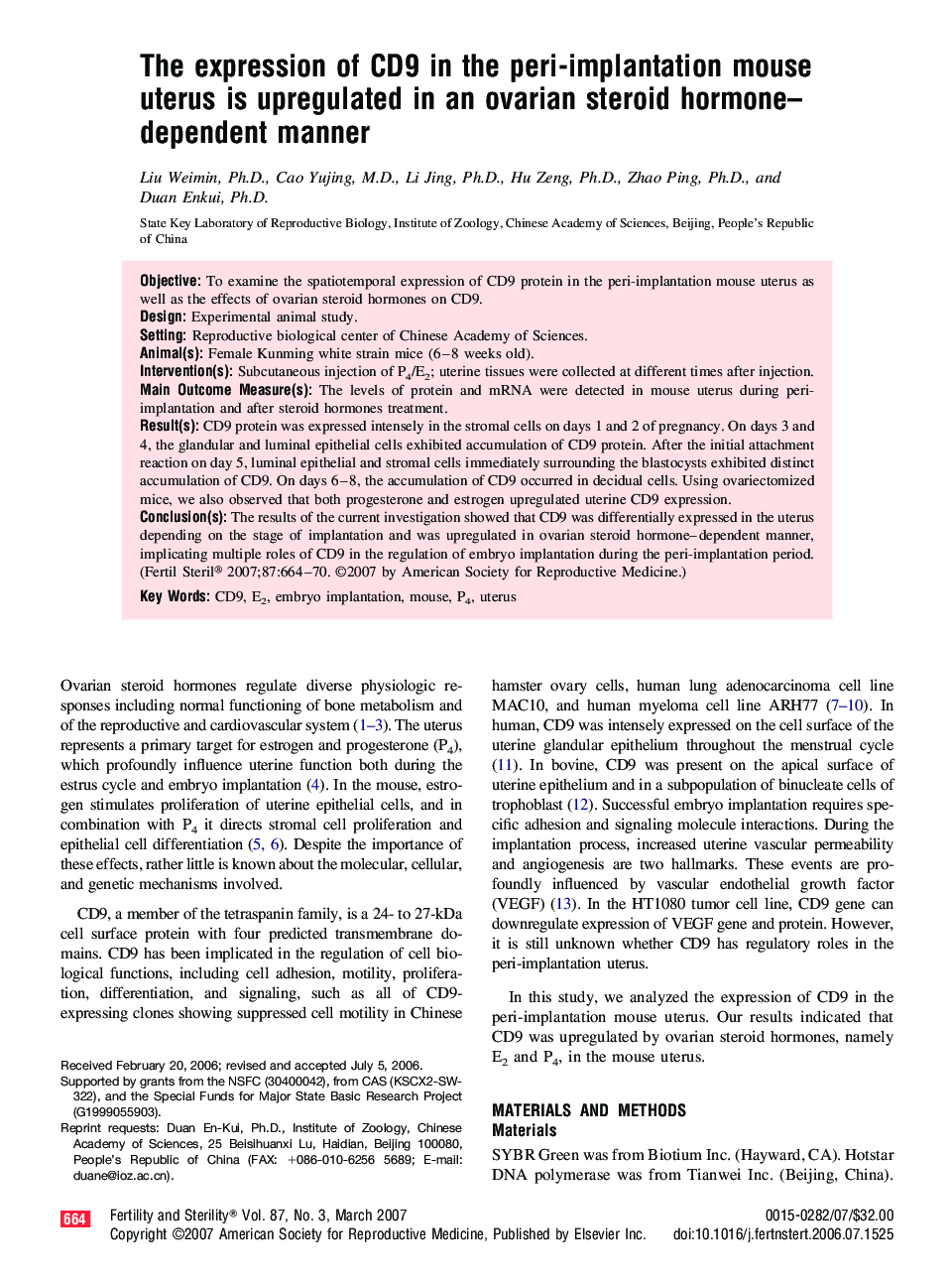 The expression of CD9 in the peri-implantation mouse uterus is upregulated in an ovarian steroid hormone–dependent manner 