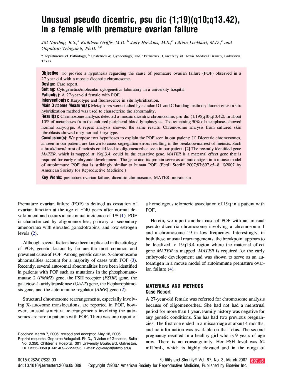 Unusual pseudo dicentric, psu dic (1;19)(q10;q13.42), in a female with premature ovarian failure