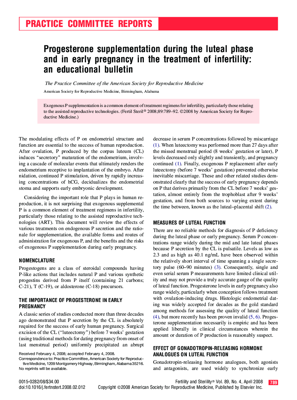 عکس صفحه اول مقاله: Progesterone supplementation during the luteal phase and in early pregnancy in the treatment of infertility: an educational bulletin Progesterone supplementation during the luteal phase and in early pregnancy in the treatment of infertility: an educational bulletin