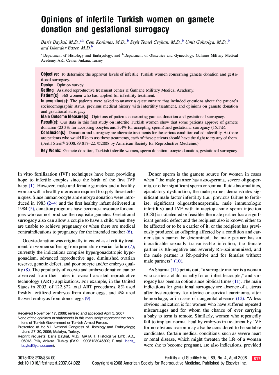 Opinions of infertile Turkish women on gamete donation and gestational surrogacy 