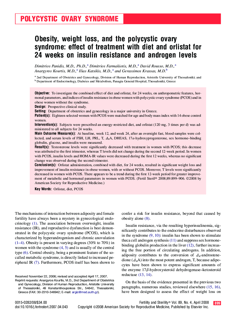 Obesity, weight loss, and the polycystic ovary syndrome: effect of treatment with diet and orlistat for 24 weeks on insulin resistance and androgen levels