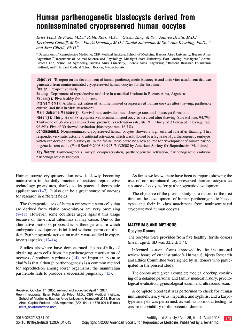 Human parthenogenetic blastocysts derived from noninseminated cryopreserved human oocytes