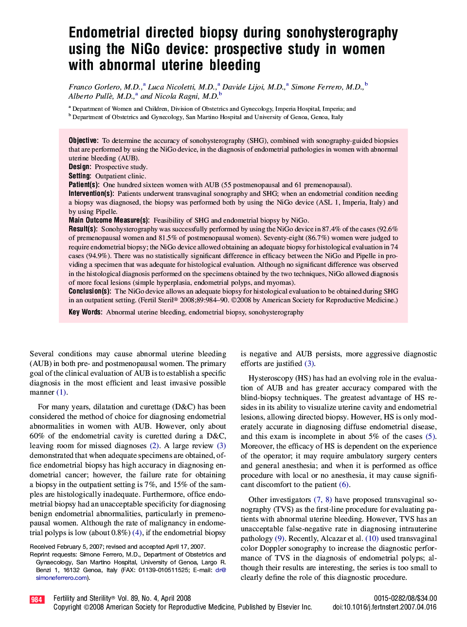 Endometrial directed biopsy during sonohysterography using the NiGo device: prospective study in women with abnormal uterine bleeding