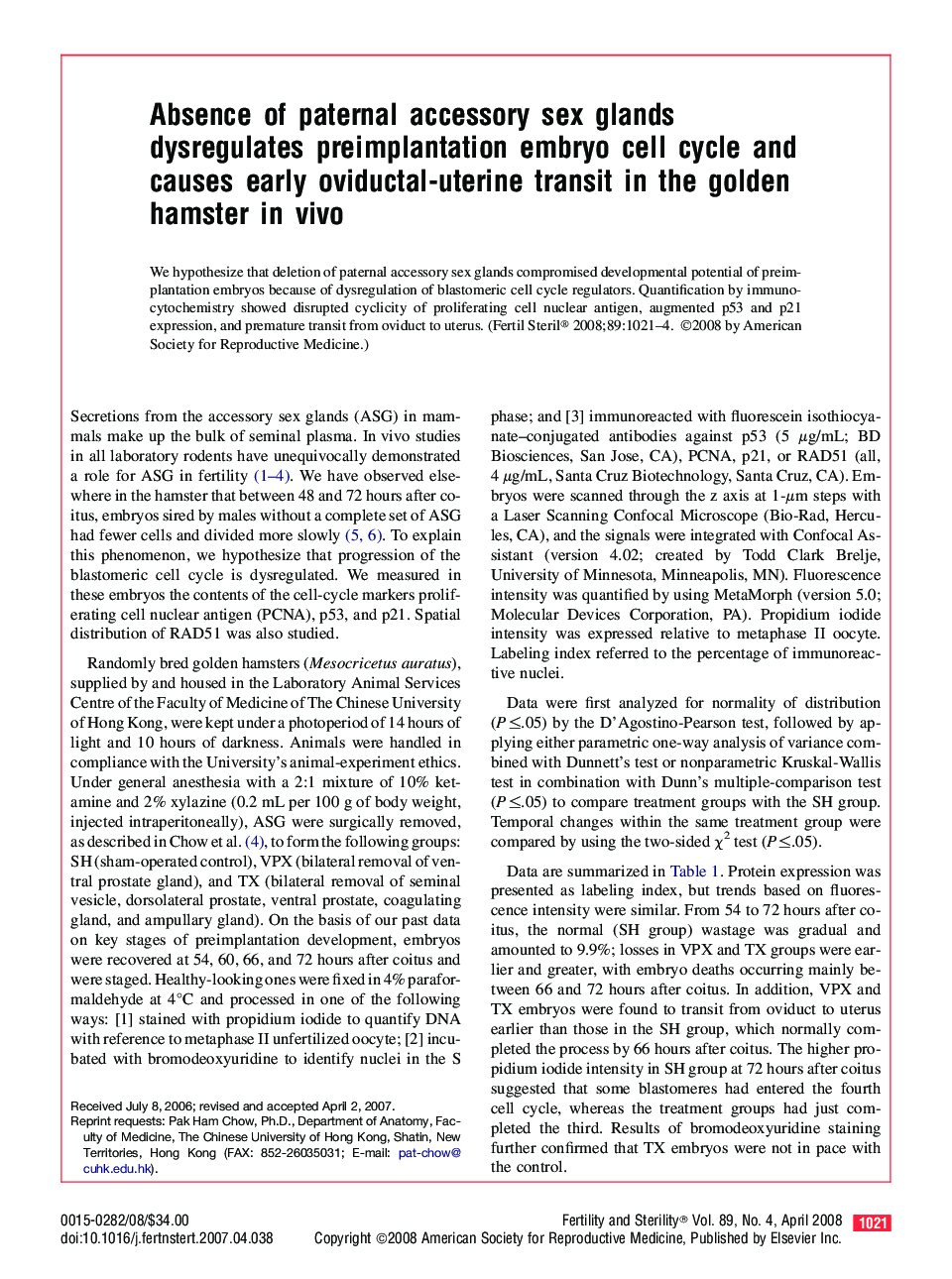 عکس صفحه اول مقاله: Absence of paternal accessory sex glands dysregulates preimplantation embryo cell cycle and causes early oviductal-uterine transit in the golden hamster in vivo Absence of paternal accessory sex glands dysregulates preimplantation embryo cell cycle and causes early oviductal-uterine transit in the golden hamster in vivo
