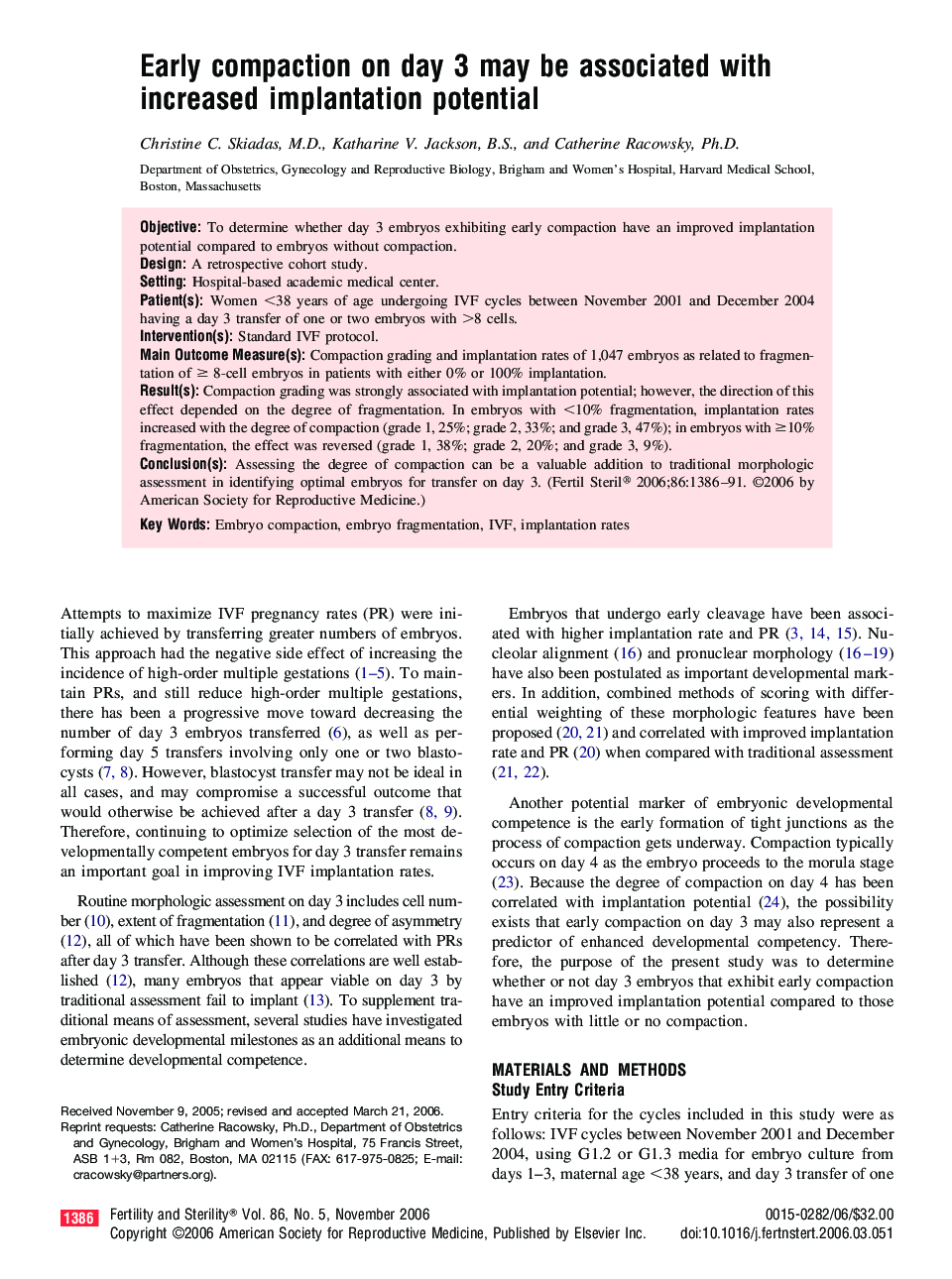 Early compaction on day 3 may be associated with increased implantation potential