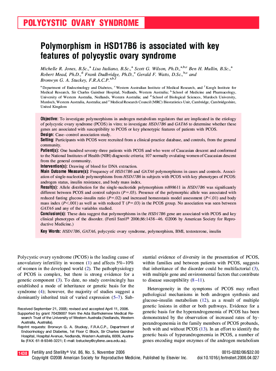 Polymorphism in HSD17B6 is associated with key features of polycystic ovary syndrome 