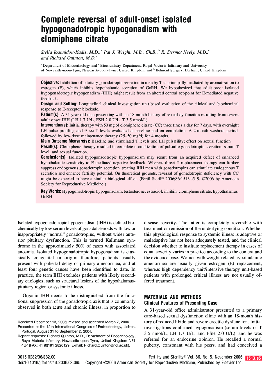 Complete reversal of adult-onset isolated hypogonadotropic hypogonadism with clomiphene citrate