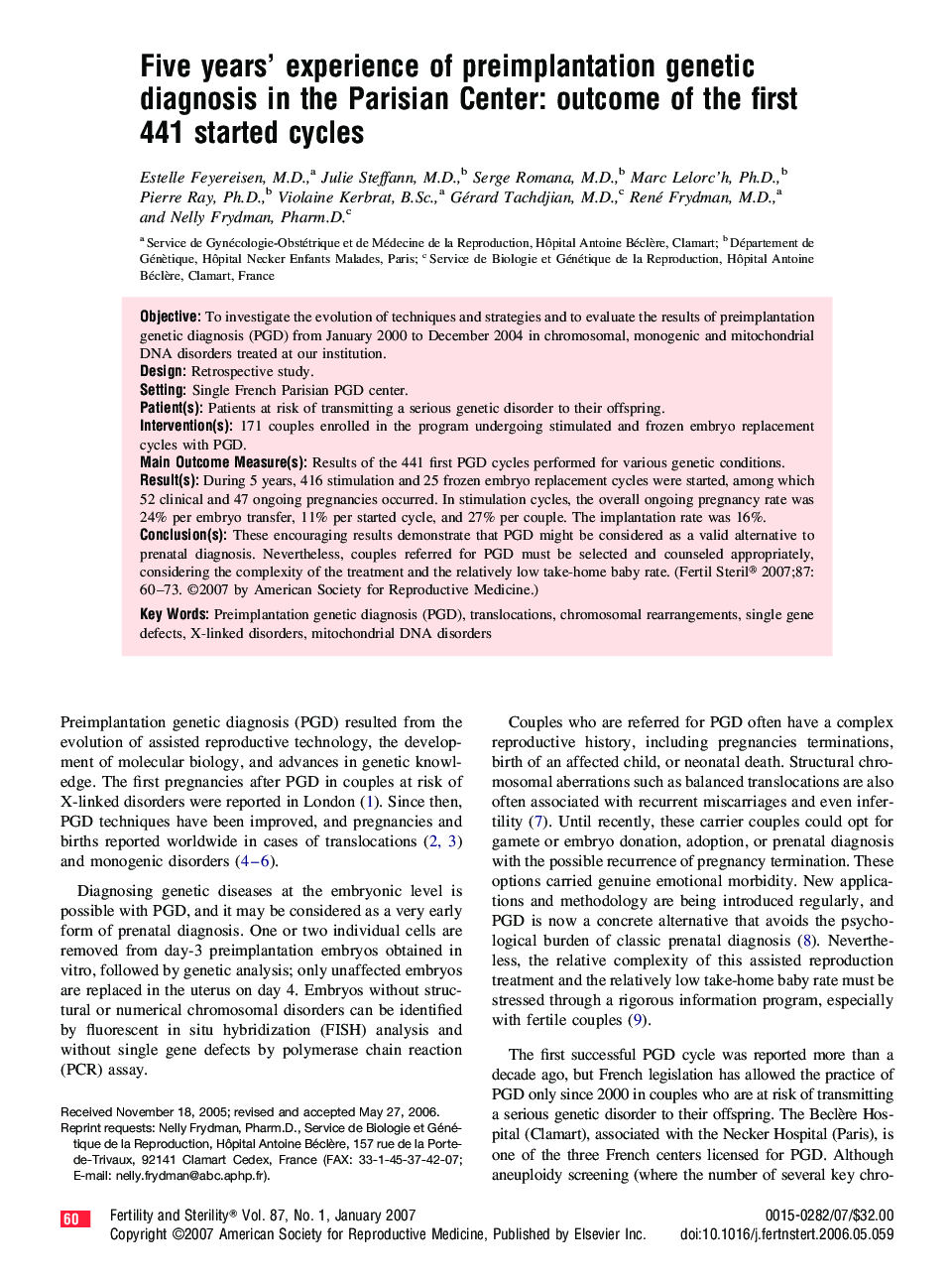 Five years’ experience of preimplantation genetic diagnosis in the Parisian Center: outcome of the first 441 started cycles