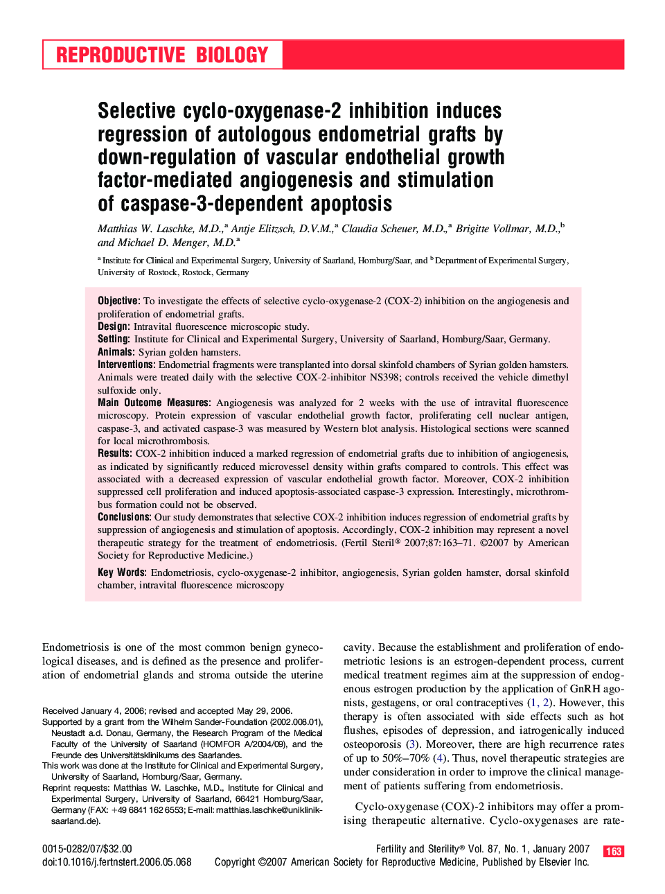 Selective cyclo-oxygenase-2 inhibition induces regression of autologous endometrial grafts by down-regulation of vascular endothelial growth factor-mediated angiogenesis and stimulation of caspase-3-dependent apoptosis 