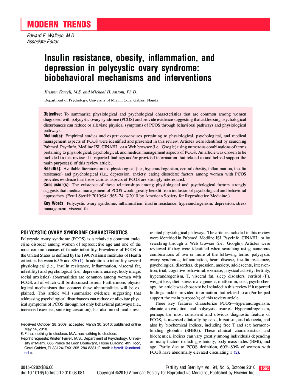 Insulin resistance, obesity, inflammation, and depression in polycystic ovary syndrome: biobehavioral mechanisms and interventions 