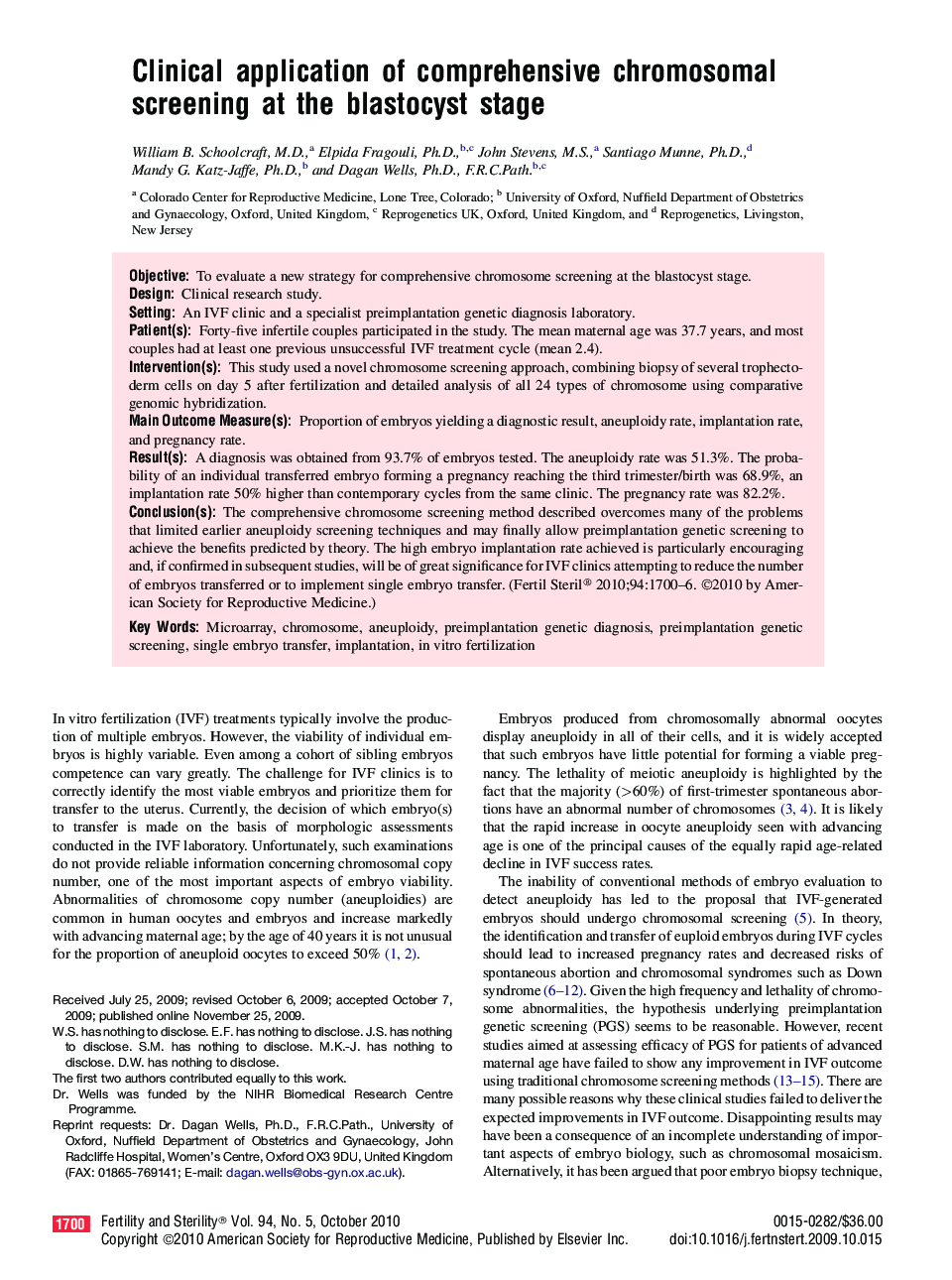 Clinical application of comprehensive chromosomal screening at the blastocyst stage 