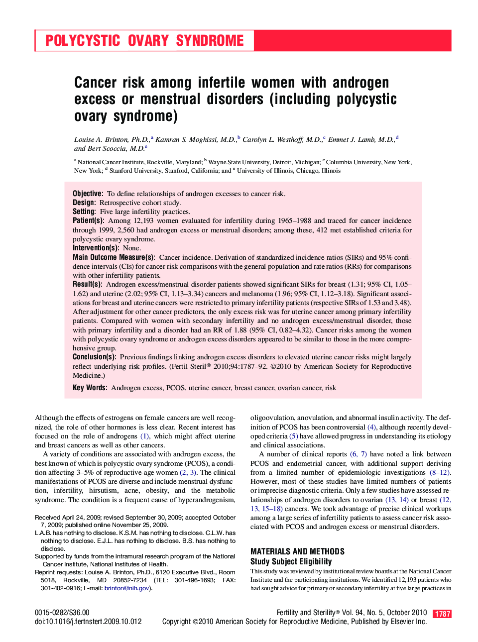 Cancer risk among infertile women with androgen excess or menstrual disorders (including polycystic ovary syndrome) 