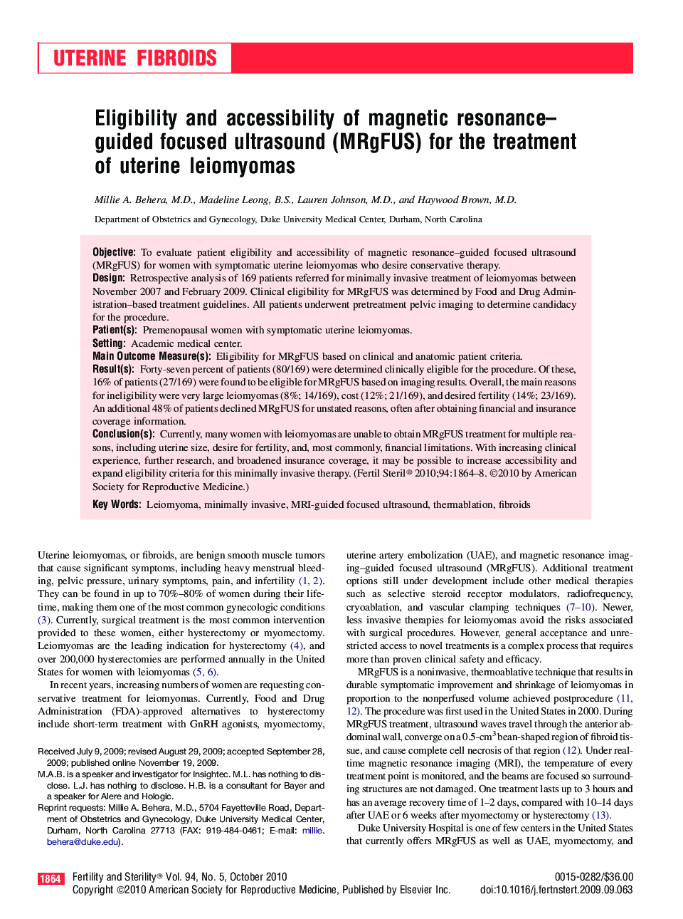 Eligibility and accessibility of magnetic resonance–guided focused ultrasound (MRgFUS) for the treatment of uterine leiomyomas 